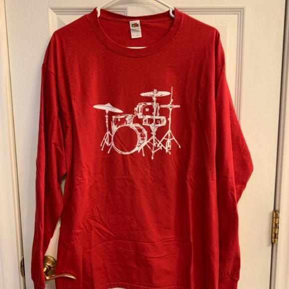 Drum Set Red Long Sleeve Shirt Fruit of the Loom Mens size Large - Picture 1 of 4